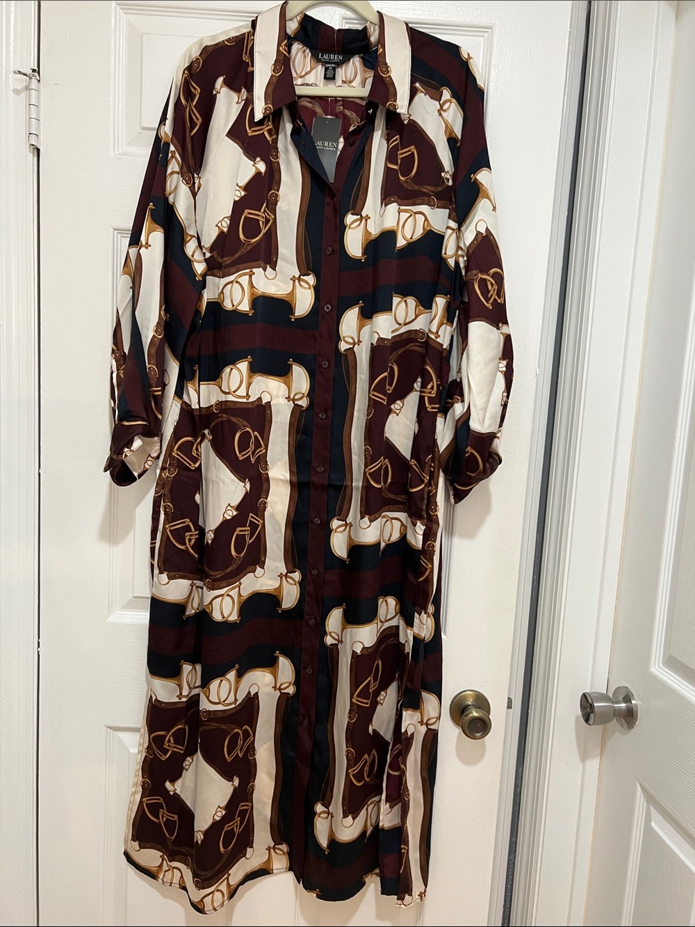 Lauren Ralph Lauren Burgundy and Cream Long Shirt Dress